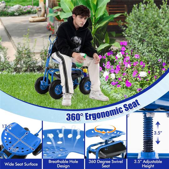 Costway Garden Cart Patio Wagon Roll Work Seat with Tray Basket Extendable Handle